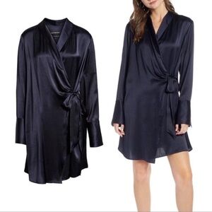 Something Navy Satin Wrap Dress Long Sleeve Sz Medium